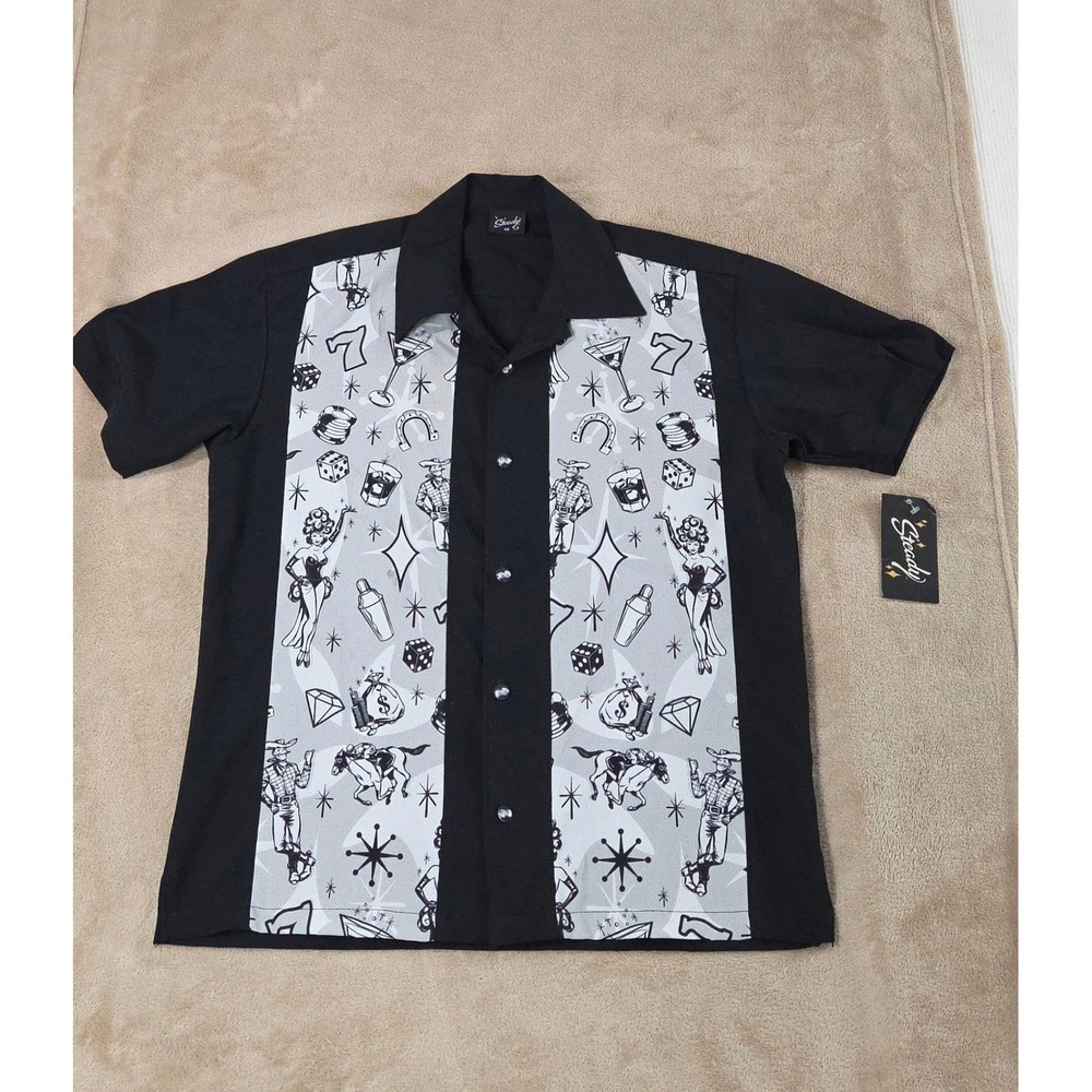 Steady Clothing Bowling Shirt Men‎ XS Black Casino gambling Dice S/S  NEW defect